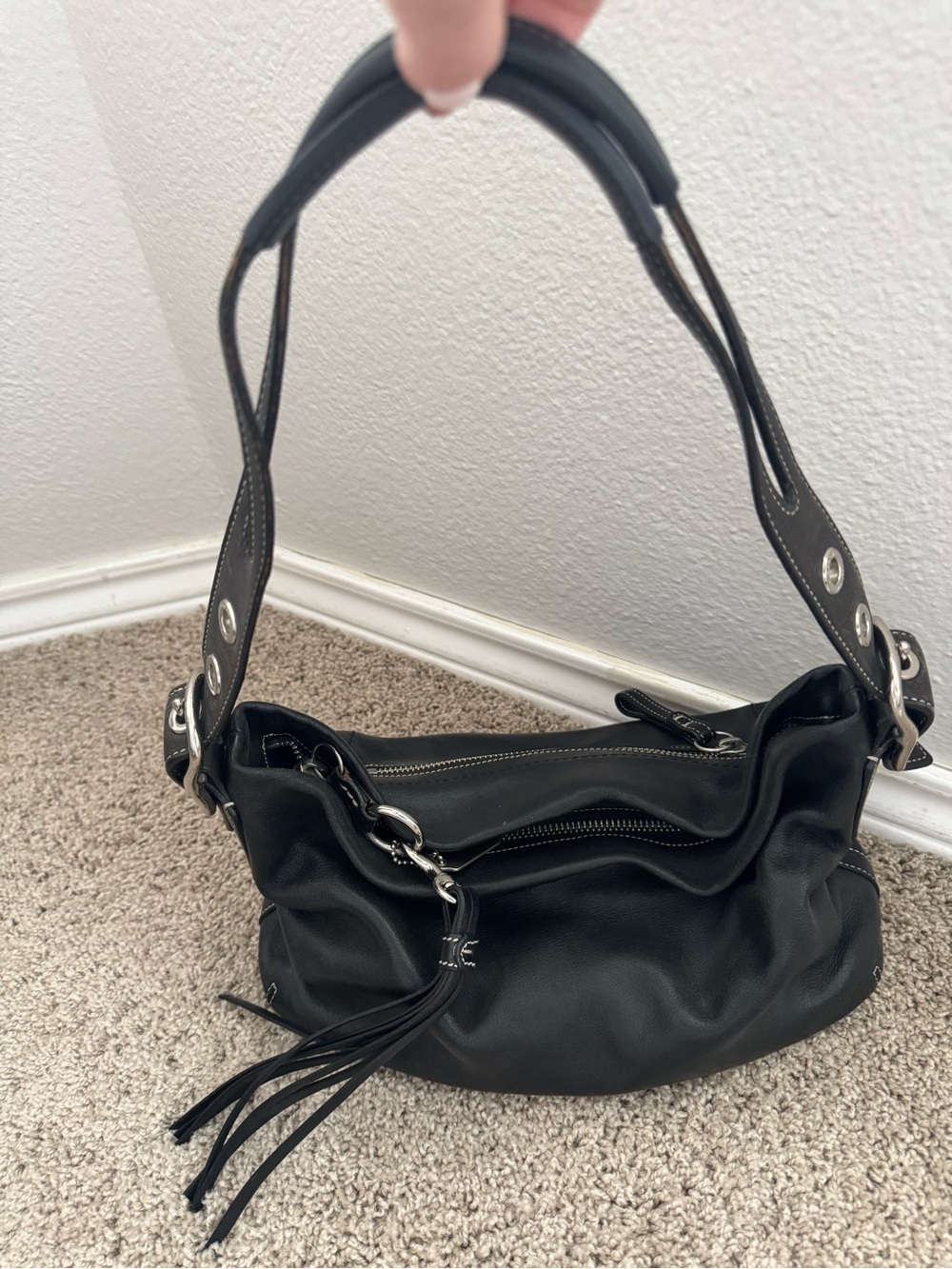 Coach Black Leather Shoulder Bag with Tassel